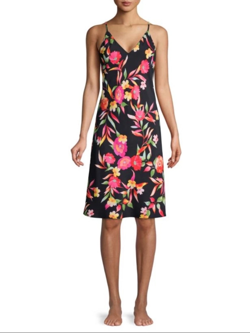 Natori Seville Black Floral Slip Dress in Black Pink & Yellow Size Medium